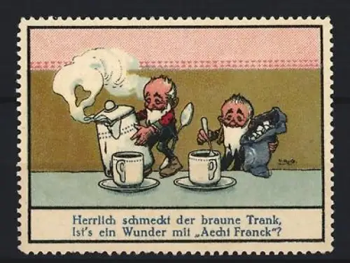 Reklamemarke Aecht Franck, Kaffeefabrik, Zwerge bereiten Kaffee