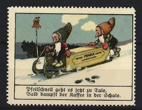 Reklamemarke Ludwigsburg, Heinrich Franck Söhne, Kaffeefabrik, Zwerge auf Schlitten