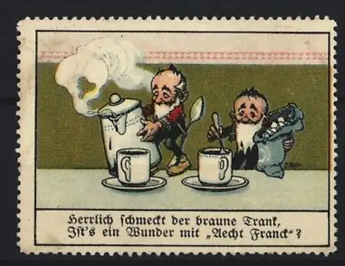 Reklamemarke Aecht Franck, Kaffeefabrik, Zwei Zwerge mit Kaffeeutensilien