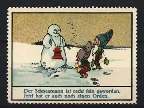 Reklamemarke Aecht Franck, Kaffeefabrik, Schneemann mit Orden und Zwergen