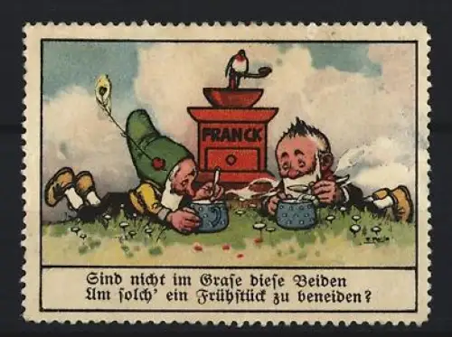 Reklamemarke Aecht Franck, Kaffeefabrik, Zwerge beim Frühstück im Gras