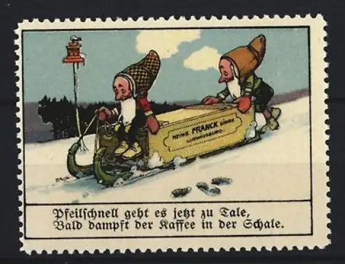 Reklamemarke Heinr. Franck. Söhne, Kaffeefabrik, Zwerge auf Schlitten