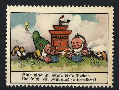 Reklamemarke Aecht Franck, Kaffeefabrik, Zwerge beim Frühstück