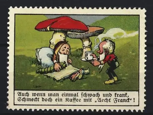 Reklamemarke Aecht Franck, Kaffeefabrik, Zwerg unter einem Pilz und Kaffee