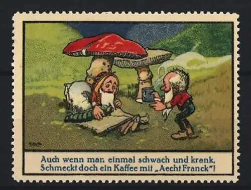 Reklamemarke Aecht Franck, Kaffeefabrik, Zwerg unter einem Pilz mit Kaffee