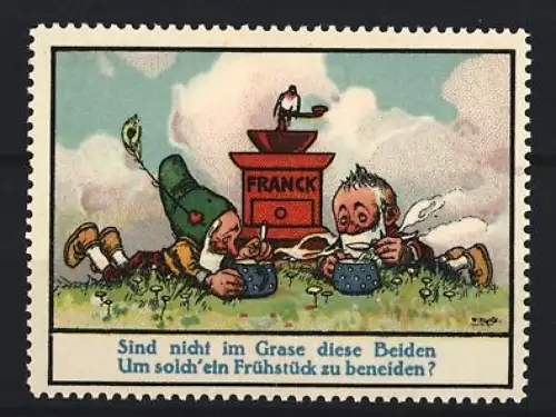 Reklamemarke Aecht Franck, Kaffeefabrik, Zwerge beim Frühstück im Gras