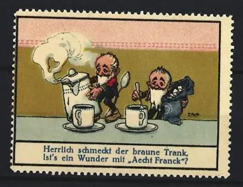 Reklamemarke Aecht Franck, Kaffeefabrik, Kaffeekanne mit Zwergen