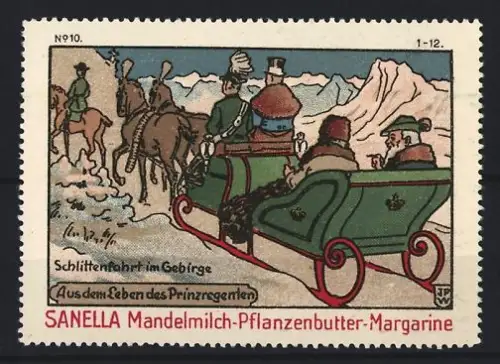 Reklamemarke Sanella, Margarinefabrik, Mandelmilch-Pflanzenbutter, Schlittenfahrt im Gebirge