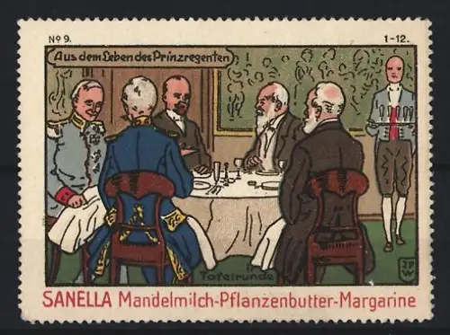 Reklamemarke Sanella, Margarinefabrik, Mandelmilch-Pflanzenbutter, Tafelrunde