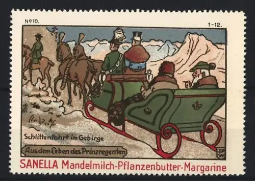 Reklamemarke Sanella, Margarinefabrik, Mandelmilch-Pflanzenbutter, Schlittenfahrt im Gebirge