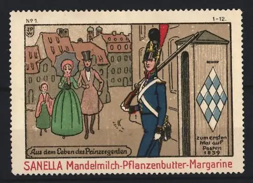 Reklamemarke Sanella, Margarinefabrik, Mandelmilch-Pflanzenbutter, Auf Posten 1839