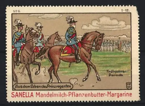 Reklamemarke Sanella, Margarinefabrik, Mandelmilch-Pflanzenbutter, Frühlingsparade mit Reitern