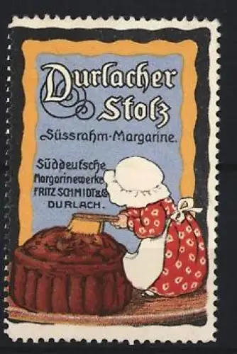 Reklamemarke Durlach, Durlacher Stolz Süssrahm-Margarine, Frau beim Backen