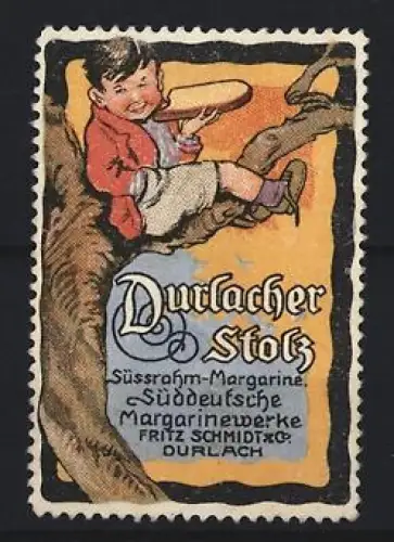 Reklamemarke Durlach, Durlacher Stolz Süssrahm-Margarine, Kind auf Baum mit Brot