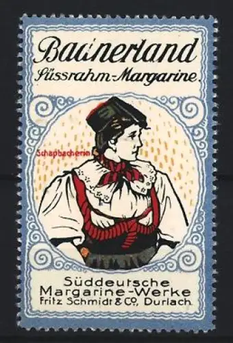 Reklamemarke Durlach, Bainerland Süssrahm-Margarine, Schwarzwälderin