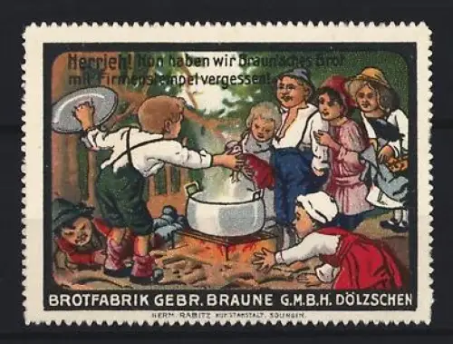 Reklamemarke Dölzschen, Brotfabrik Gebr. Braune, Kinder mit Kochtopf