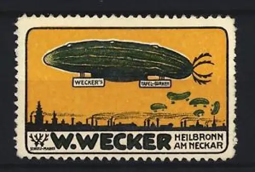 Reklamemarke Heilbronn am Neckar, W. Wecker`s Tafel-Gurken, Fliegende Gurke
