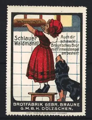 Reklamemarke Dölzschen, Brotfabrik Gebr. Braune, Mädchen und Hund
