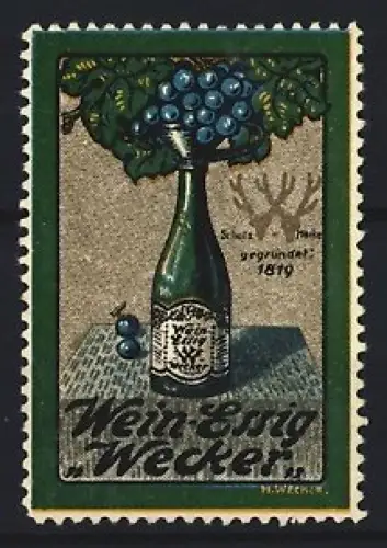 Reklamemarke Schweinfurt, Wein-Essig Weckert, Weinflasche und Trauben