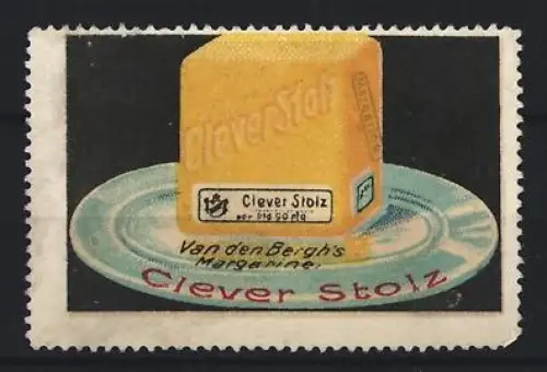 Reklamemarke Clever Stolz Margarine, Margarinewürfel auf Teller