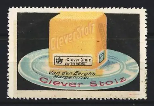 Reklamemarke Clever Stolz Margarine, Margarinewürfel auf Teller