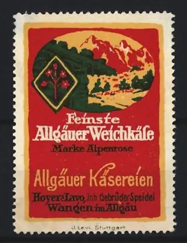 Reklamemarke Wangen, Feinste Allgäuer Weichkäse, Marke Alpenrose, Berglandschaft