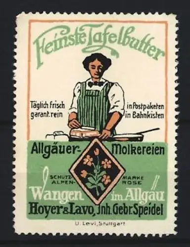 Reklamemarke Wangen im Allgäu, Hoyer & Lavo, Feinste Tafelbutter, Frau mit Butterrolle