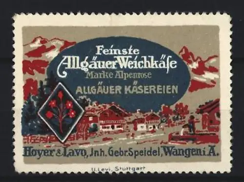 Reklamemarke Wangen i. A., Hoyer & Lavo, Feinste Allgäuer Weichkäse, Alpenlandschaft