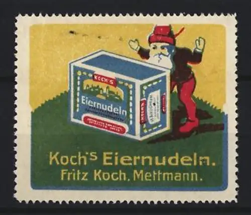 Reklamemarke Mettmann, Koch`s Eiernudeln, Zwerg mit Nudelschachtel
