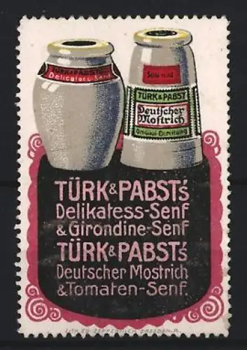 Reklamemarke Türk & Pabst, Delikatess-Senf, Senfgläser