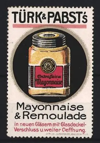 Reklamemarke Türk & Pabst, Extra feine Mayonnaise, Mayonnaiseglas