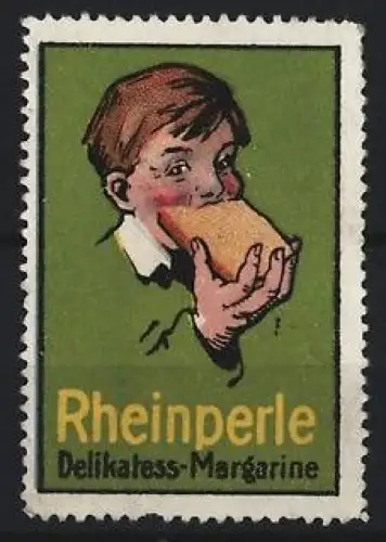 Reklamemarke Rheinperle, Delikatess-Margarine, Junge mit Brotscheibe