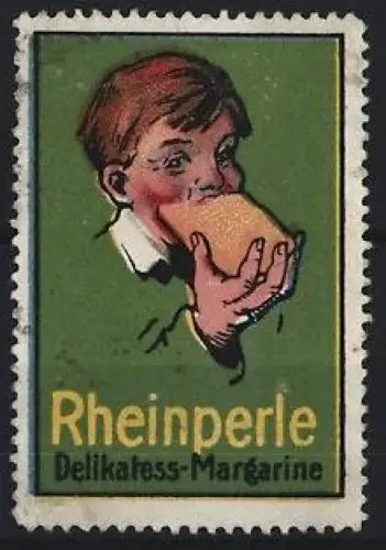 Reklamemarke Rheinperle, Delikatess-Margarine, Junge mit Butterbrot