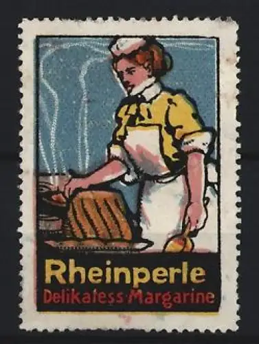 Reklamemarke Rheinperle, Delikatess Margarine, Köchin mit Gugelhupf