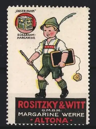 Reklamemarke Altona, Rositzky & Witt Margarine Werke, Schuljunge mit Schiefertafel