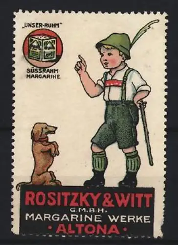 Reklamemarke Altona, Rositzky & Witt Margarine, Junge mit Hund