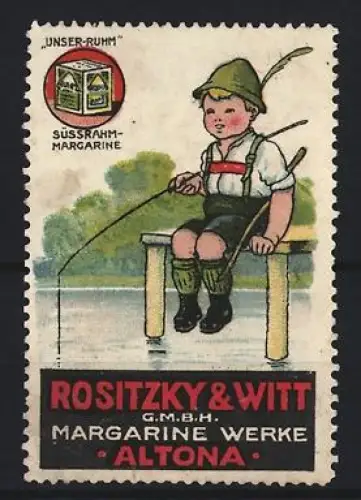 Reklamemarke Altona, Rositzky & Witt Süssrahm-Margarine, Junge beim Angeln