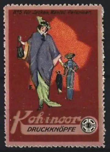 Reklamemarke Koh-i-noor, Druckknöpfe, elegante Dame mit Handtasche