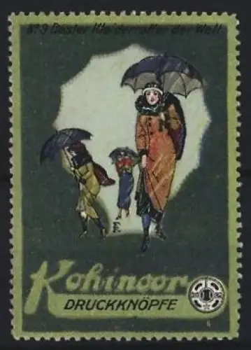 Reklamemarke Koh-i-noor, Druckknöpfe, Damen mit Regenschirmen