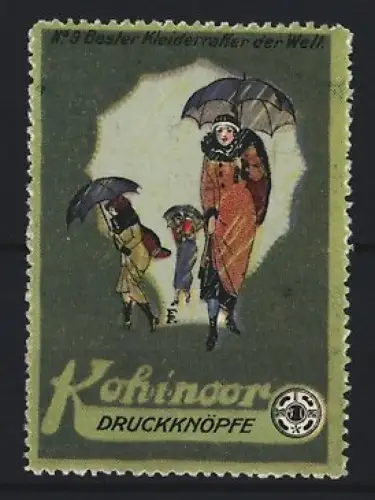 Reklamemarke Koh-i-noor, Druckknöpfe, Damen mit Regenschirmen