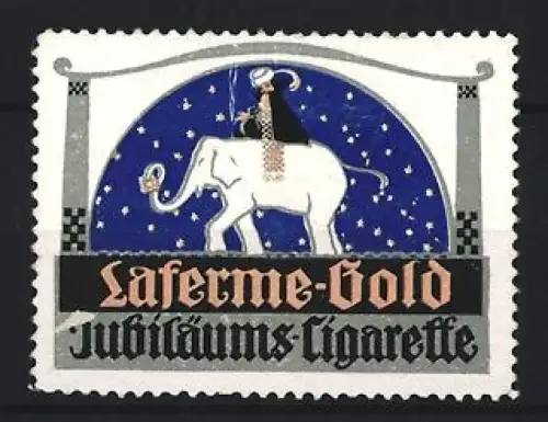 Reklamemarke Laferme-Gold Jubiläums-Cigarette, Elefant mit Reiter vor Sternenhimmel