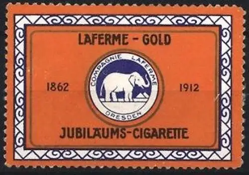 Reklamemarke Dresden, Laferme-Gold Jubiläums-Cigarette, Elefantensymbol