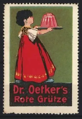 Reklamemarke Dr. Oetker`s Rote Grütze, Kind mit roter Gütze auf Tablett