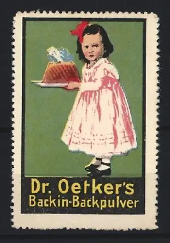 Reklamemarke Dr. Oetker`s Backin-Backpulver, Mädchen mit Kuchen