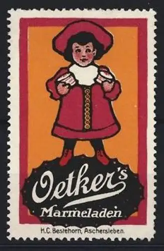 Reklamemarke Aschersleben, Oetker`s Marmeladen, Kind in rotem Mantel