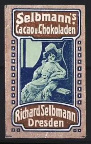Reklamemarke Dresden, Richard Selbmann, Cacao u. Chokoladen, Frau in Sessel