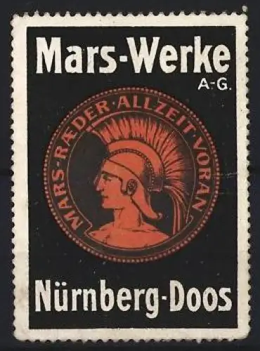 Reklamemarke Nürnberg-Doos, Mars-Werke A.G., Fahrzeugräder, Helmträger, orange