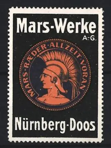 Reklamemarke Nürnberg-Doos, Fahrzeugräder, Kriegerkopf mit Helm, orange