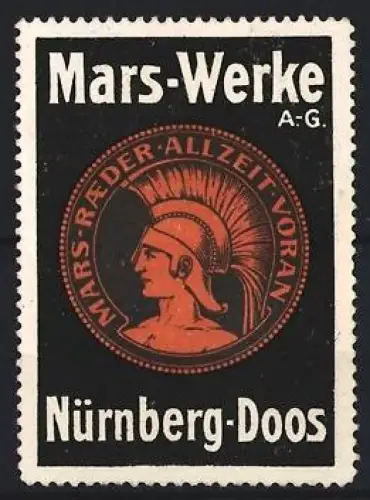 Reklamemarke Nürnberg-Doos, Mars-Werke A.-G., Fahrzeugräder, Marskopf im Profil, orange