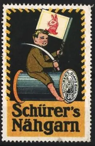 Reklamemarke Schürer, Nähgarn, Junge auf Garnrolle mit Flagge
